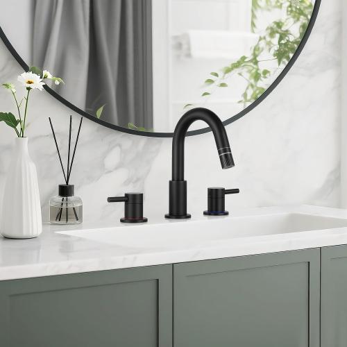Pull Down Bathroom Faucet for Sink 3 Hole,8 inch Widespread Matte Black Bathroom Sink Faucet with Pop Up Drain, Water Supply Hoses