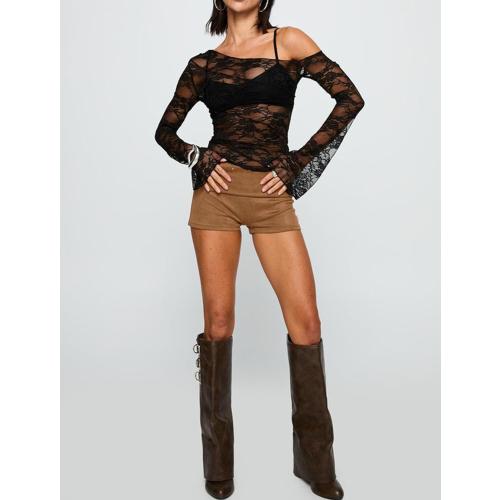 Womens Off The Shoulder Tops Lace Mesh Long Sleeve size M