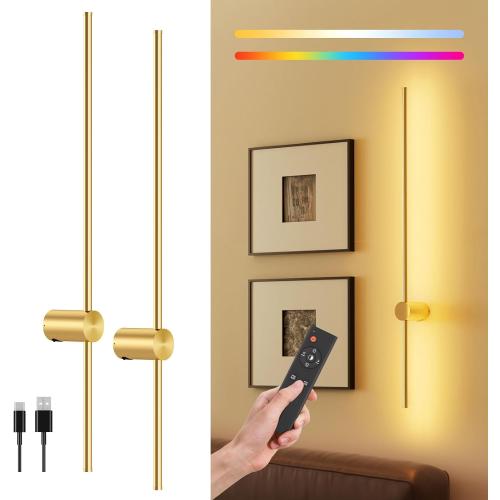 Battery Operated Wall Sconce Set of 2, 10000mAh Rechargeable Dimmable LED Wall Lamps with Remote, Modern Wireless Wall Lights for Bedroom, Living Room, Hallway, Indoor Decor, 40 Inch, Golden