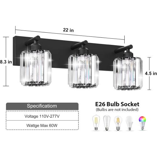Black Crystal Bathroom Vanity Light, 3-Light Modern Bathroom Lighting Fixtures Over Mirror, Matte Black Wall Sconce Light Fixtures with Round Shade