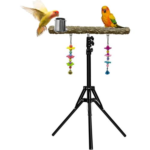 16-63 Inch Height Adjustable Bird Perch Pepper Wood Parrot Training Perch Stand with Feeding Cups and Swing Toy Parakeet Perches Indoor and Outdoor Parrot Stands for Small to Medium Bird