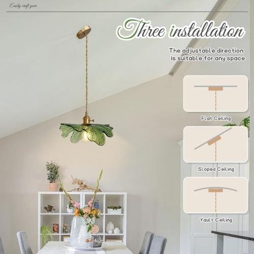 Green Glass Pendant Light Kitchen Flower Ceiling Light Fixture with Leaves Glass Shade, Mid Century Gold Hanging Light for Living Room Bedroom Dining Room, Set of 2