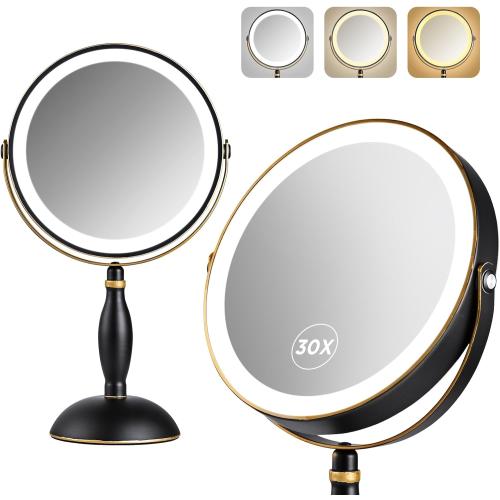 30x Magnifying Mirror with Light, Matte Black with Gold Trim, Makeup Mirror with 3 Color Lights & Brightness Adjustable, 5000mAh Rechargeable Vanity Mirror, Modern Style Side Touch   Side Charge