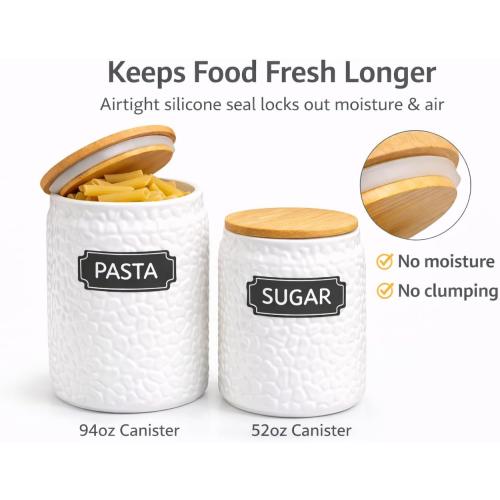 Ceramic Canister Set of 2 (94oz & 52oz) – Airtight Bamboo Lids for Flour, Sugar & Coffee – White Kitchen Storage Jars with Labels for Countertop & Pantry