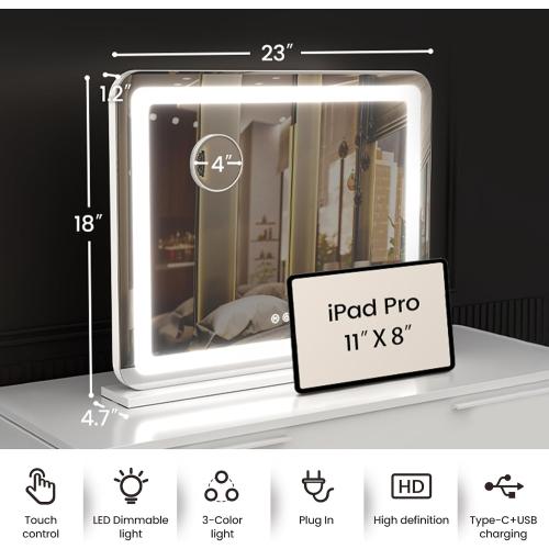 Vanity Mirror with Lights, 23x 18 Large LED Lighted Mirror with Detachable 10X Magnification & 3 Colors Modes, and USB Charging Port for Vanity Desk Tabletop (White, 23 * 18)