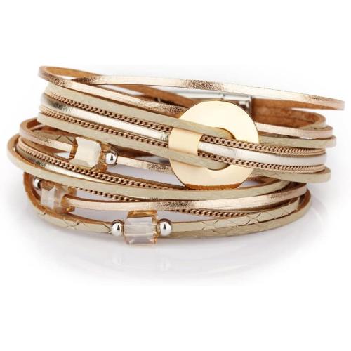 Fesciory Leather Wrap Bracelets for Women, Boho Leopard Multi-Layer Crystal Beads Cuff Bracelet Jewelry