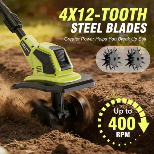21V Cordlees Tiller Cultivator for Gardening, 400RPM Electric Garden Tiller, Brushless Rototiller with 2 * 3.0Ah Battery, 9.5 Width 7 Depth, for Yard、Lawn、Soil Tiller (Green)