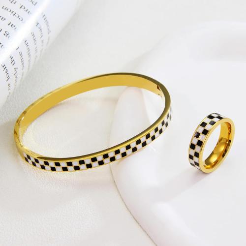 Checkered Stackable Jewelry Set: Black & White 316L Stainless Steel Bracelet & Ring | Non Tarnish Geometric Gift for Women | Hypoallergenic Unisex Gift (2-Piece)