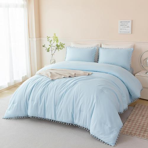 PERFEMET 3 Pieces Full Bed in A Bag Light Blue Pom Pom Bedding Set for Girls Boys Soft Fluffy Boho Solid Bedding Comforter Set with Sheets(Light Blue, Full)