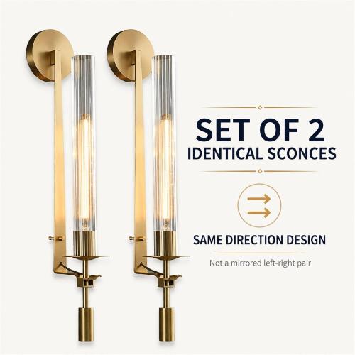 LIGHTLAND Gold Wall Sconces Set of 2, 28 Inch Modern Metal Glass Wall Light Fixture, Wall Lamp for Living Room Bedroom Hallway