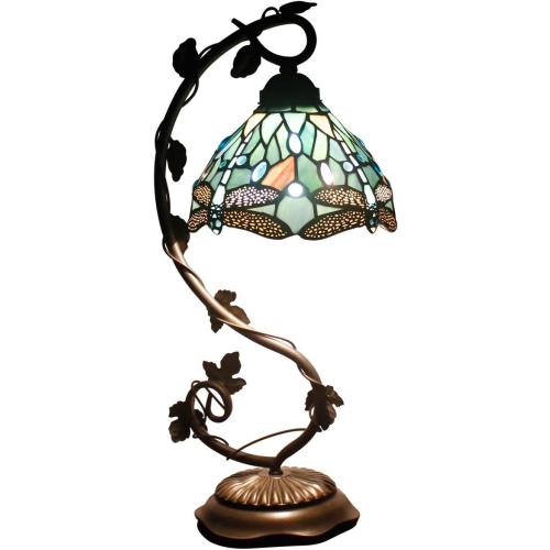 WERFACTORY Tiffany Lamp Sea Blue Stained Glass Dragonfly Style Desk Reading Light, Metal Leaf Table Lamp Base 8X10X21 Inches Decor Small Space Bedside Bedroom Home Office S147 Series