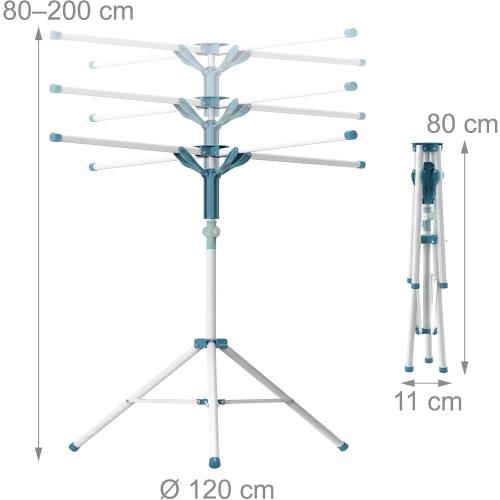 Relaxdays Folding Clothes Airer Height Adjustable 80-200cm 4 Drying Rails Camping Clothes Airer White Blue