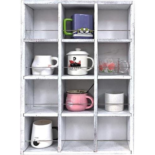 Coffee Mug Display Rack Wooden Display Shelves Cup Holder Shadow Box Shelf Wood Hanging Shadow Box Shot Glasses Display Case with 12 Compartment (Old White)
