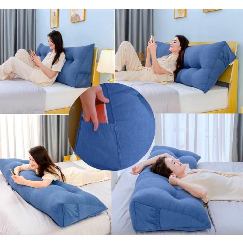 Size Large Color beige Triangular Reading Bed Rest Pillow Large Bolster Cushion Headboard Backrest Wedge Pillow with Removable Cover and Two Large Side Pockets