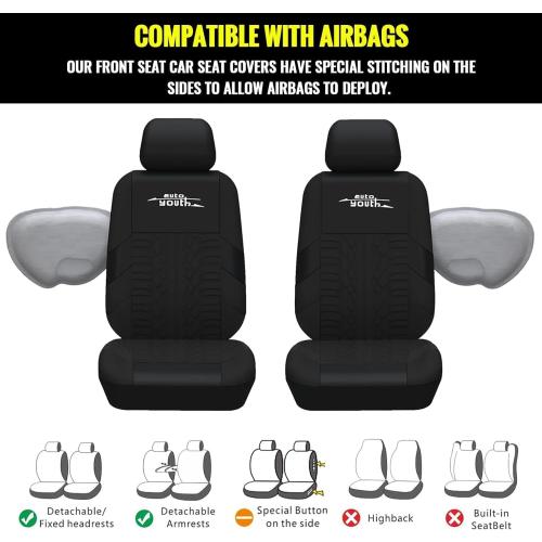 AUTOYOUTH Black Seat Covers 3D Tyre Embossed Breathable Bucket Covers, Airbag Compatible, Quick Setup Universal Fit for Sedan, SUV, Truck, Van