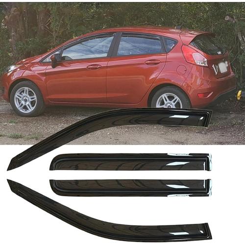 4pcs Out-Channel Window Deflectors for Ford Fiesta Hatchback 09-19 94547 | Outside Mount Adhesive Guards No-Drill Install Reduce Wind Noise Tape-On Acrylic Dark Smoke Rain Guard Shades Sunproof Visors