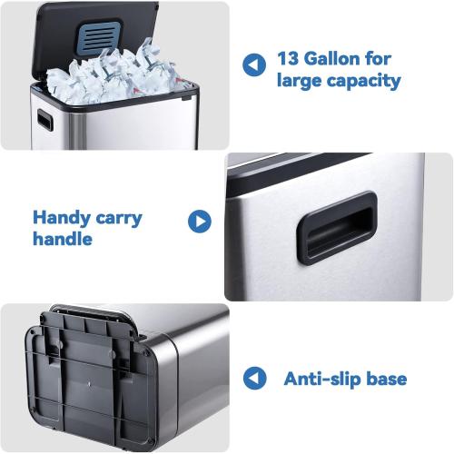 Size 13.2 gallon Kitchen Trash Can - ELPHECO - 13.2 Gallon Stainless Steel Garbage Bin with Soft Slow Lid, 50 Liter Pedal Trash Can, Durable Pedal, Removable Plastic Inner Bucket Waste Bin for Office, Kitchen, Outside