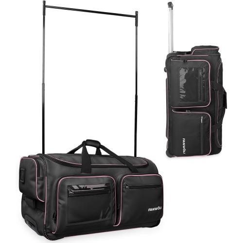 Fanwoli 28 Dance Bag with Garment Rack | Upgraded Stable System & Fabric | More Lightweight & Wear-Resistant | Ideal Competition Rolling Duffle Bag | Black/Pink Trim