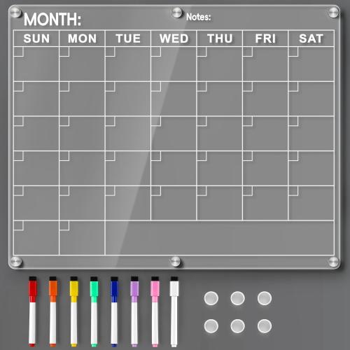 Acrylic Fridge Calendar, Monthly Planner with 8 Color Markers, Clear Dry Erase Board for Events/Meetings/Shopping Lists