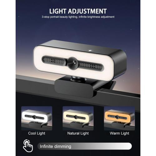 4K UHD Ring Light Webcam for PC, 1080P Web Camera with Dual AI Noise-Cancelling Mics, Auto Light Correction, Privacy Cover, 73°FOV, PDAF Autofocus, Privacy Cover, for Streaming, Conference, Zoom