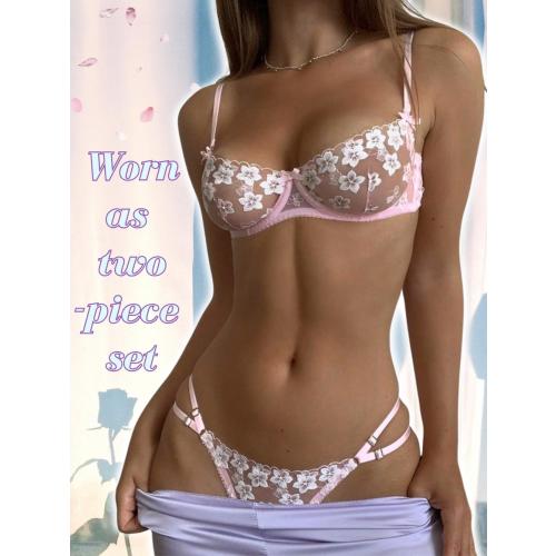 Small Kaei&Shi Bridal Lingerie,Floral Lace Ruffle Garter Lingerie Set,3 Piece Bachelorette Outfit For Bride Wedding Night Honeymoon