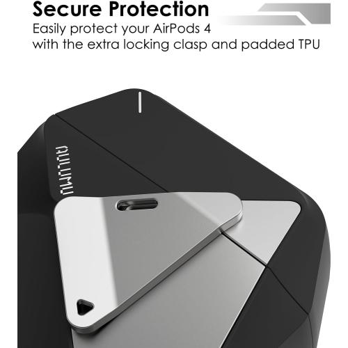 Aulumu A29 Geometric AirPods 4 Case with Lock | Protective Cover with Nylon Buckle | Alloy Armour | Compatible with Apple AirPods 4th (2024) - Black