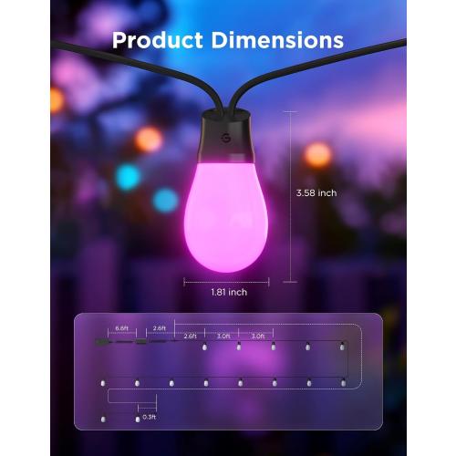 Govee S14 Bulb Outdoor String Lights 2, 48ft RGBICWW, 15 LED Bulbs, IP66 | Patio Lights with 111 Scene Modes for Outdoor Decor, Compatible with Alexa, Google, Matter, APP Control