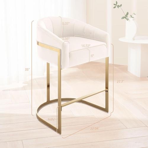 Set of 2 Size 27 Color beige and gold Counter Height Bar Stools Set of 2, Modern 27 H Barrel Counter Stools with Shell Back, Gold Velvet Bar Stools for Kitchen Island, Comfortable Velvet Upholstered Bar Stools with Backrest, Beige