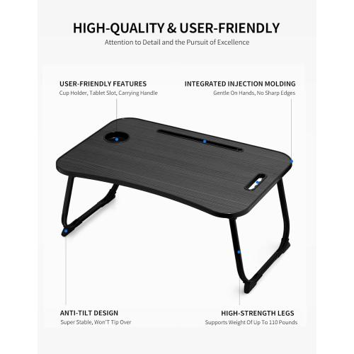Laptop Bed Desk, Foldable Lap Desk, Portable Lap Table, Laptop Stand with Cup Holder & Tablet Slot & Lifting Handle for Working Writing Drawing & Eating - Black