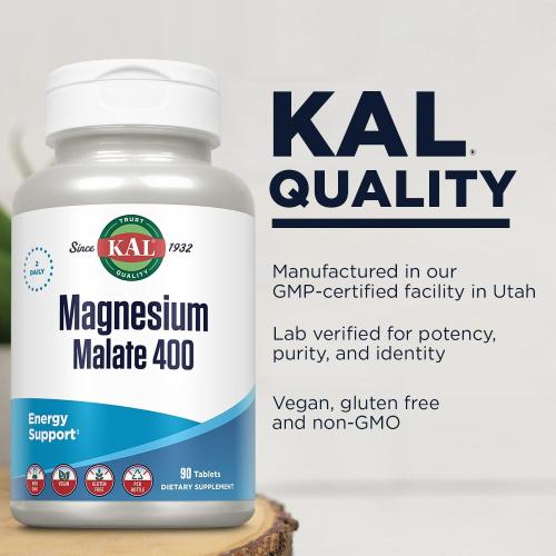 90 Tablets of KAL Magnesium Malate 400mg, Chelated Magnesium Supplement with Malic Acid, Healthy Energy & Muscle Function Support, Enhanced Absorption, Vegan, Non-GMO, 45 Servings, 90 Veg Tabs