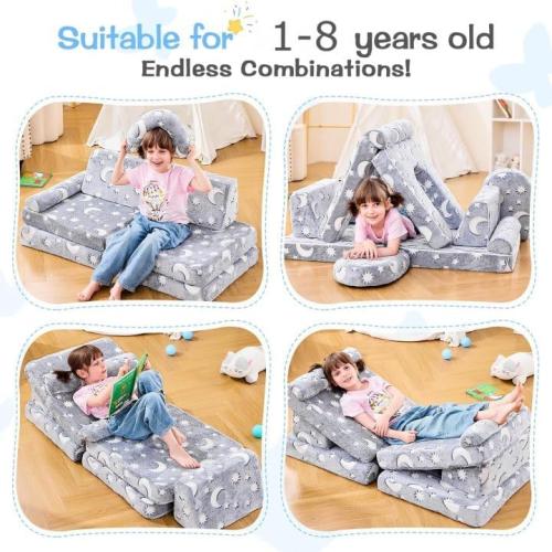 10 Pcs Color Grey  Modular Kids Play Couch,Toddler Couch Kids Sofa,Child Sectional Sofa,Bedroom and Playroom Furniture for Toddlers,Convertible Foam and Floor Cushion for Boys and Girls,Glow in The Dark,Star