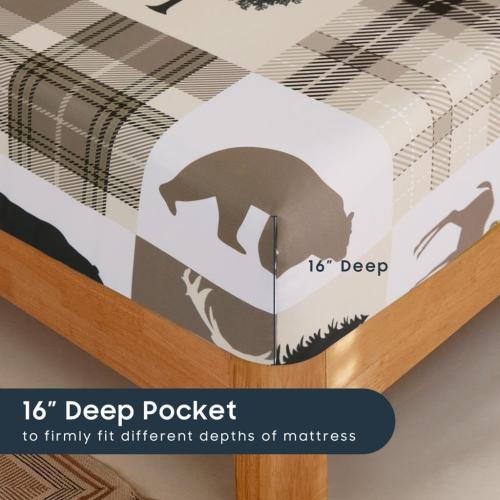 Wake In Cloud - Rustic Bed Sheets, 3-Piece Sheet Set, Cabin Christmas Lodge Western Country Bear Deer Holiday RV Outdoor Theme Bedding, Deep Pocket, Taupe, King  Size