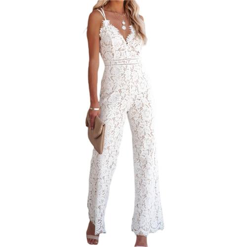 size M...ensswliz Women Elegant Jumpsuit Spaghetti Straps V Neck Solid Color Lace Backless One Piece Wide-leg Jumpsuits Long Playsuit