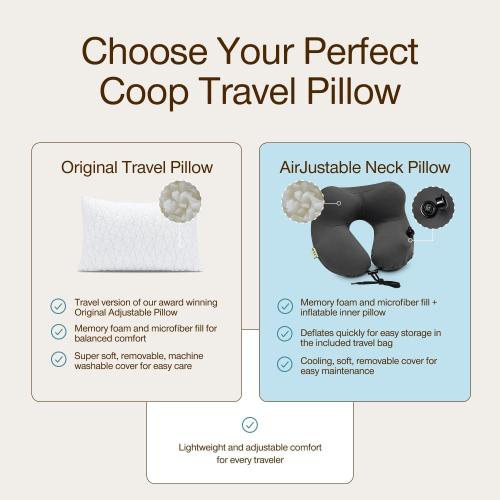 Coop Home Goods Original Travel and Camping Adjustable Pillow, Small Camping Pillow with Compressible Stuff Sack, Medium-Firm Memory Foam with Lulltra Washable Cover, CertiPUR-US Certified (19x13)
