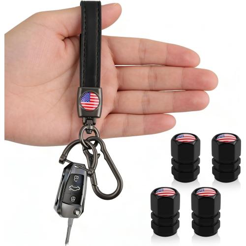 Car Key Chain & Car Tire Valve Caps Kit with US Flag Pattern,Stylish Keychain & Tire Valve Stem Caps as 4th of July Decorations,Cars Keychains Tires Air Cap Kit for Dust Protection