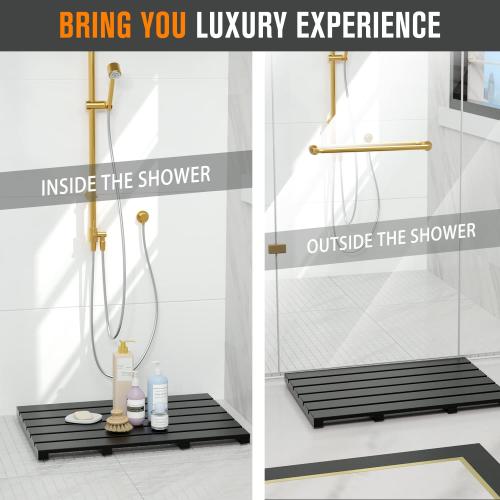 Black Bath Mat for Bathroom Luxury Shower - Non-Slip Bamboo Wooden Waterproof Floor Mat for Indoor or Outdoor Use(Black)