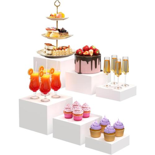 6PCS Buffet Risers, Food Risers for Buffet Table, Acrylic Boxes for Food, Display Stand for Party Catering Dessert Collectibles, Acrylic Cube Boxes with Hollow Bottoms, Food Stand Set, White (6x7x8)