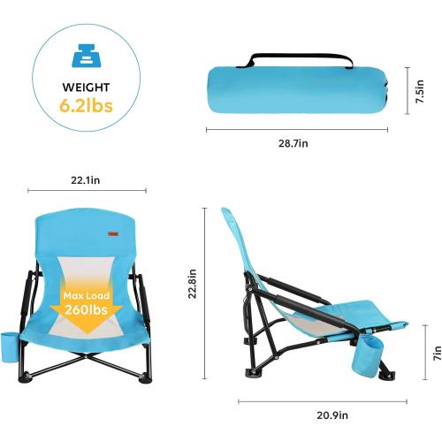 TOBTOS Low Beach Chair for Adults 2 Pack, Low Profile Folding with Cup Holder & Carry Bag, Heavy Duty Chair for Outdoor Sand, Camping, Concert, Travel