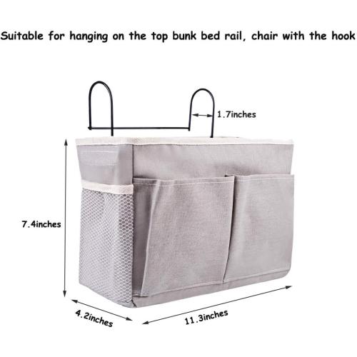 KonHaovF 2Pack Bedside Organizer Caddy Hanging with Hook, Bed Storage Pocket for Dorm Kids Room Top Bunk Bed Loft Bed, Bedside Storage for Phone Remote Control Laptop Books (Grey)