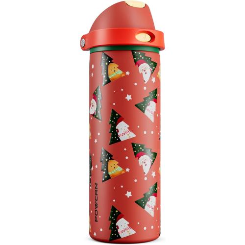 POWCAN 24 oz Christmas Insulated Water Bottle: 2-in-1 Push-Button Spout & Quick-Flip Straw, Leakproof, Car Cupholder Friendly, Stainless Steel Water Bottle for Gift, Sports, Travel (Santa Parade)