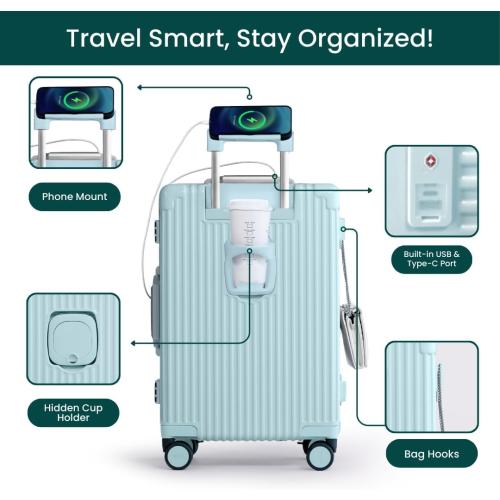 Nobl Travel Carry On Luggage, Noble Zipperless Aluminum Frame PC Hard Shell Suitcase, 23.5x15.5x10 Airline Approved, 360° Spinner Wheels, TSA Locks, USB Charging Port, Cup & Phone Holder - Baby Blue