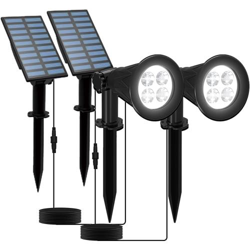 T-SUNUS Christmas Solar Powered LED Spot Light White 6000K, Separated Panel with 9.8ft Cable IP65 Waterproof Spotlights Outdoor Landscape Garden Lights for Flag Patio Yard Driveway Halloween 2 Pack