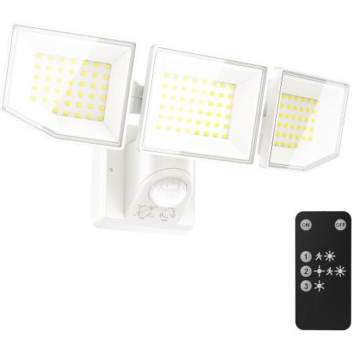 38W 7500LM LED Security Lights Outdoor with Remote Control, 6500K Motion Sensor Flood Light, 3 Modes, IP65 Waterproof, Dusk to Dawn 3-Head Floodlight Fixture for Garage, Yard, Porch (White)