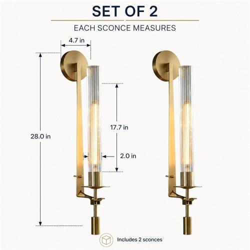 LIGHTLAND Gold Wall Sconces Set of 2, 28 Inch Modern Metal Glass Wall Light Fixture, Wall Lamp for Living Room Bedroom Hallway
