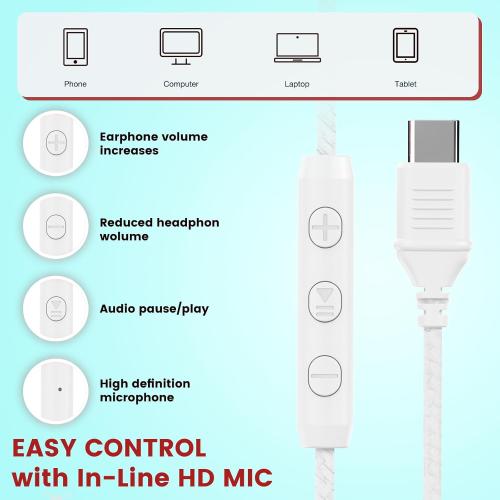 USB C Headphones Wired, Over Ear USB C Wired Headphones with Microphone, Volume Control, HD Stereo Sound, Foldable USB Type C Headphone for Adult/Teens/Laptop/Computer/iPhone 15/16/17, White