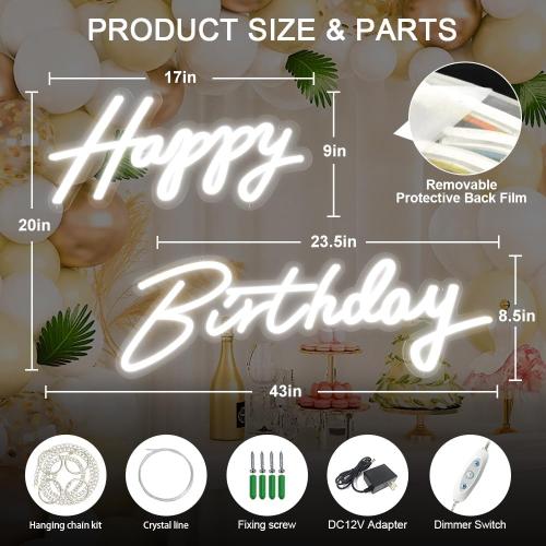 Big Size Happy Birthday Neon Sign Large - Happy Birthday Sign Large 2PCS, Happy Birthday Light Up Sign 12V with Dimmable Switch, Happy Birthday LED Sign for Backdrop, Party, Celebration, Decoration, White