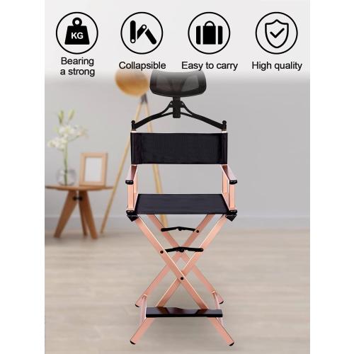Lorvain Folable Makeup Artist Stool Chair, Protable Tall Folding Directors Chair, Aluminum Makeup Chair with Head Rest for Studio Salon Vanity, Bar Height - Gold Chairs