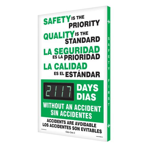 AccuformNMC Digi-Day Spanish Bilingual Electronic Safety Scoreboard SBSCK117, Track Days We Worked Without A Lost Time Accident, Aluminum 28”L x 20”W x 1”D, Bright LED Display with Remote, Made in USA