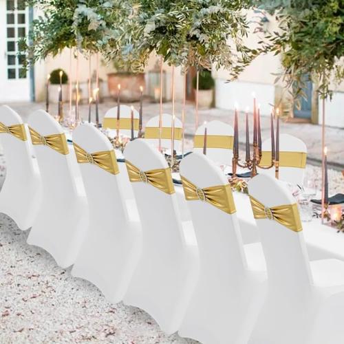 100 PCS Spandex Chair Sashes Bows Premium Stretch Chair Cover Band with Buckle Slider Universal Elastic Chair Ties for Wedding Party Ceremony Events Reception Banquet Decoration (Metallic Gold)