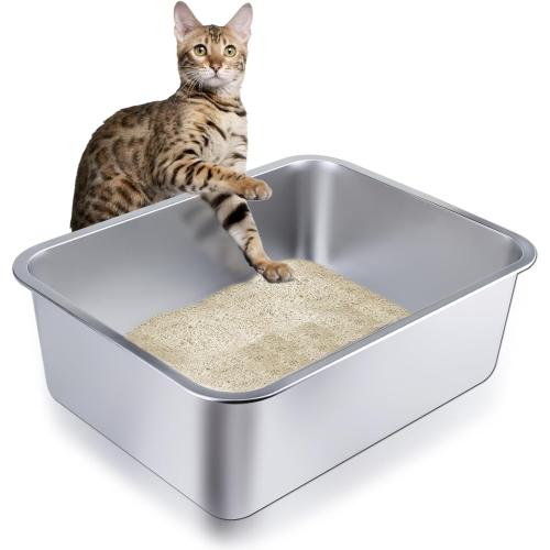 Stainless Steel Cat Litter Box - Large Metal High-Sided Pan for Cats, Pets, Non-Stick, Odor-Free, Easy to Clean, Splash-Proof, Durable (23.6 L x 15.8 W x 6 H)